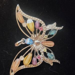 Elegant Silver Butterfly Pendant with Multicolor Gemstones
